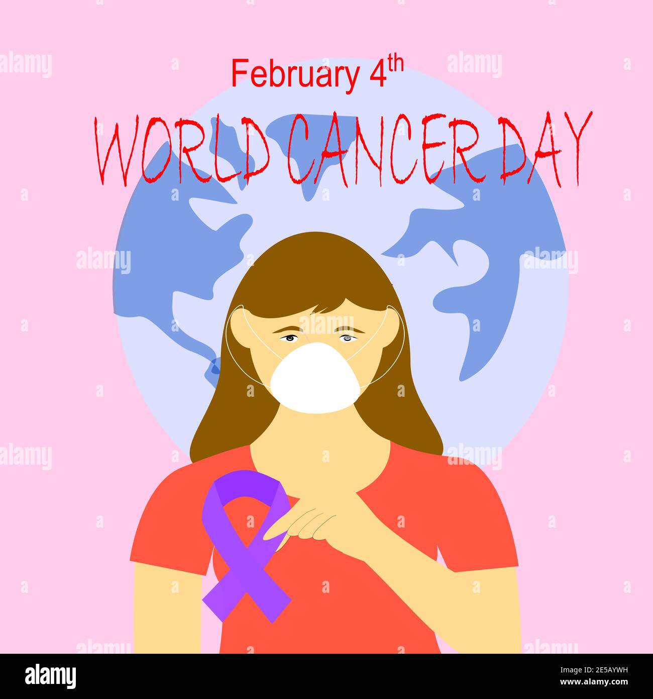 young girl with medical face mask holding Purple ribbon, Symbol of World Cancer day. Stock Photo
