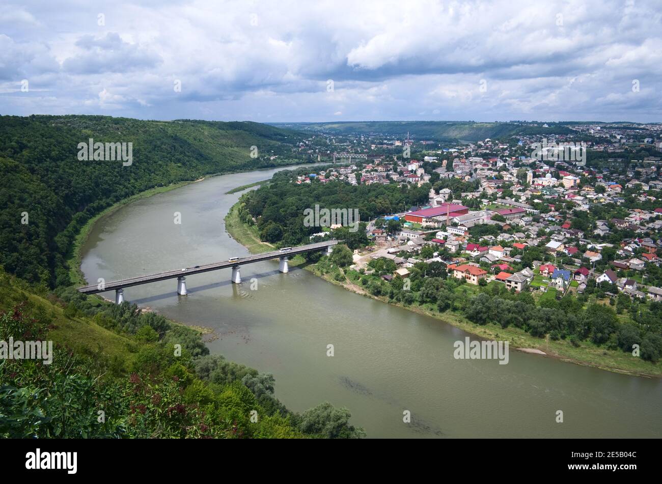 Aerial view of Dniester canyon and bridge across Dniester river to Zalishchyky town. Ukraine. Stock Photo