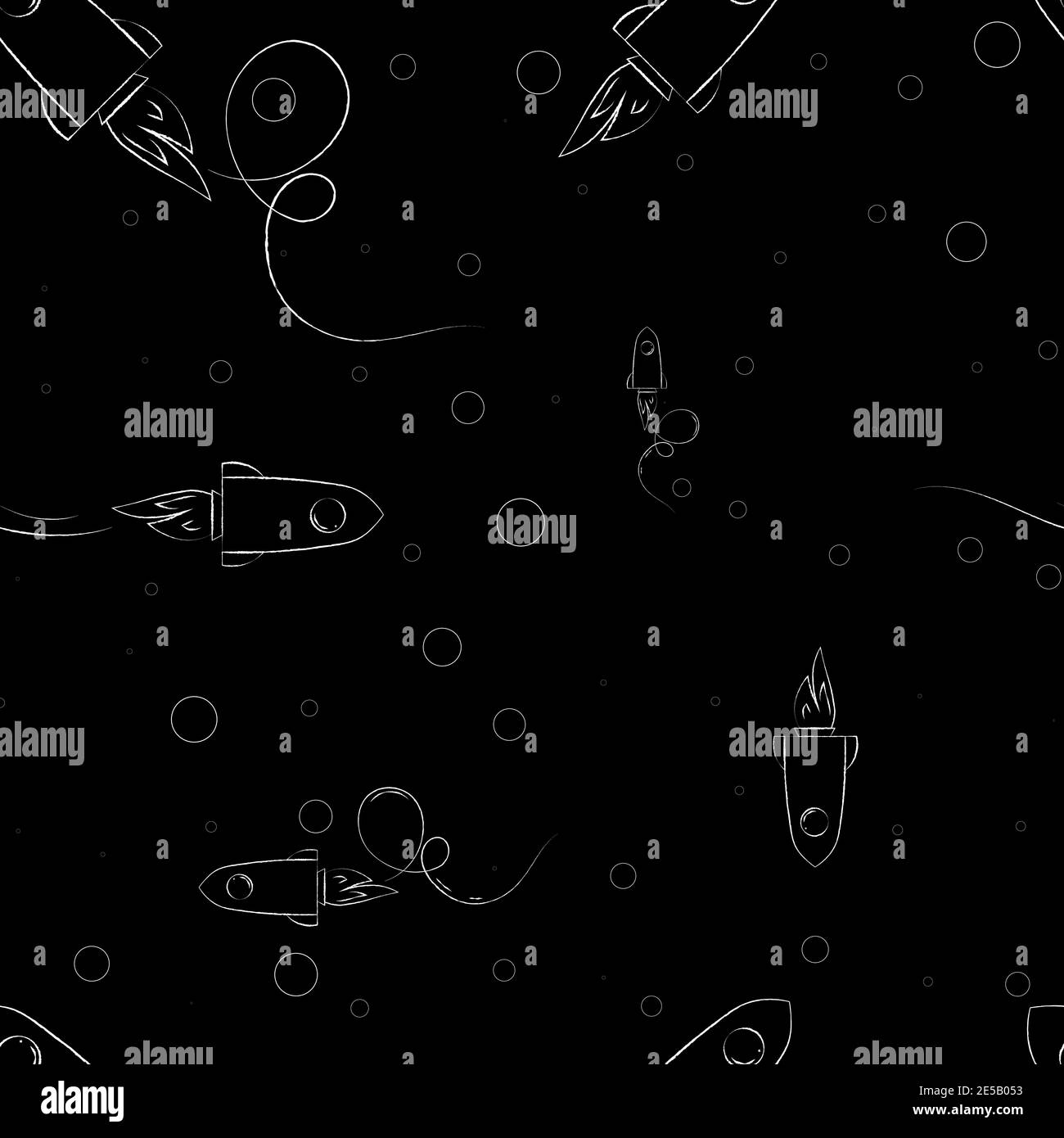 Rocket simple vector seamless pattern chalk style outline illustration on black background Stock Vector