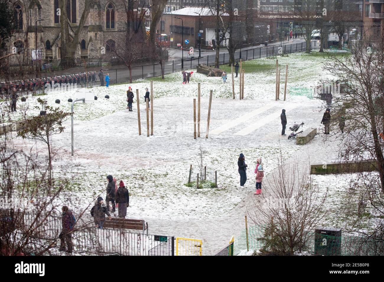 Snowfall on a  park in Haggerston. Stock Photo