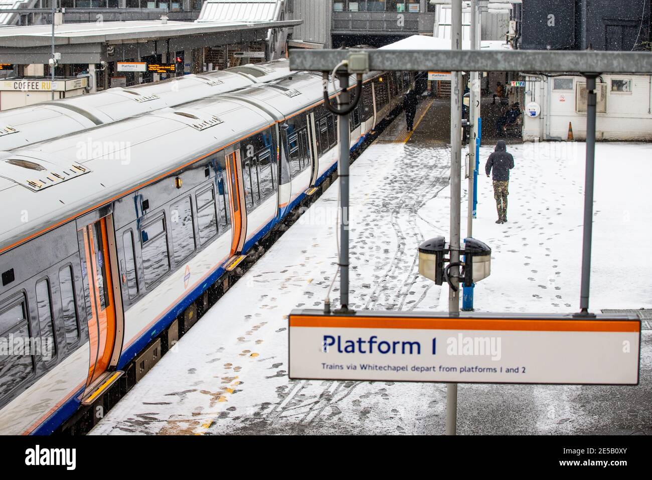 Highbury and Islington Overground station covered in snow Stock Photo