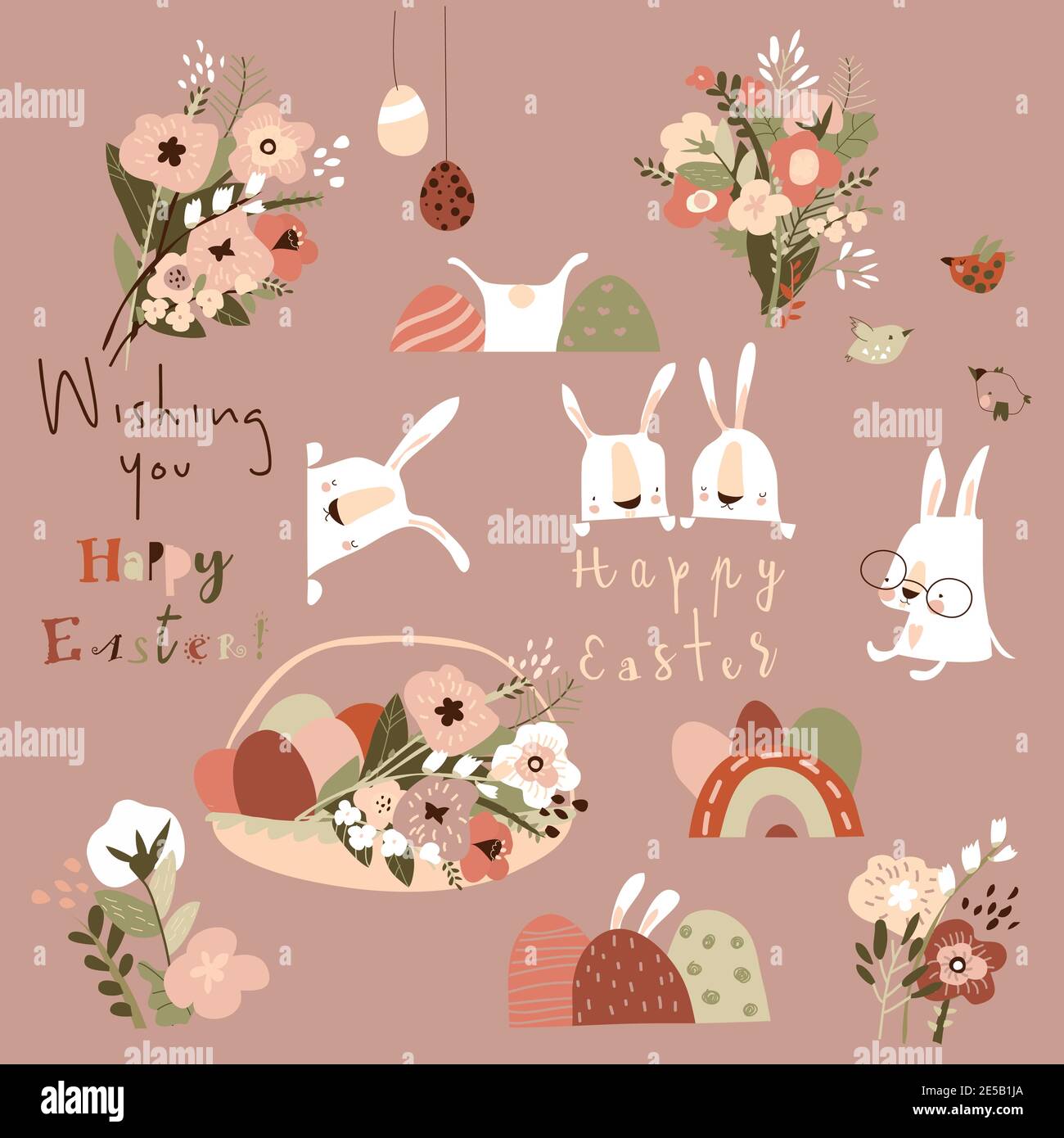 Cartoon Easter set with flowers ,easter eggs and rabbits Stock Vector
