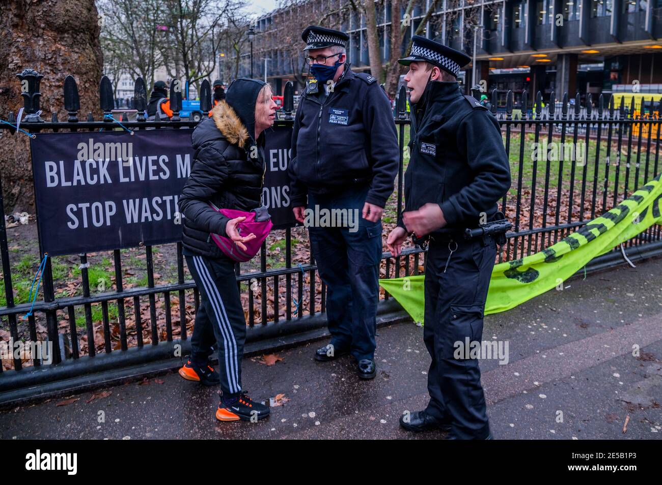 London, UK. 27th Jan, 2021. The anti HS2 Extinction Rebellion camp is cleared by Bailiffs at Euston Station. Credit: Guy Bell/Alamy Live News Stock Photo