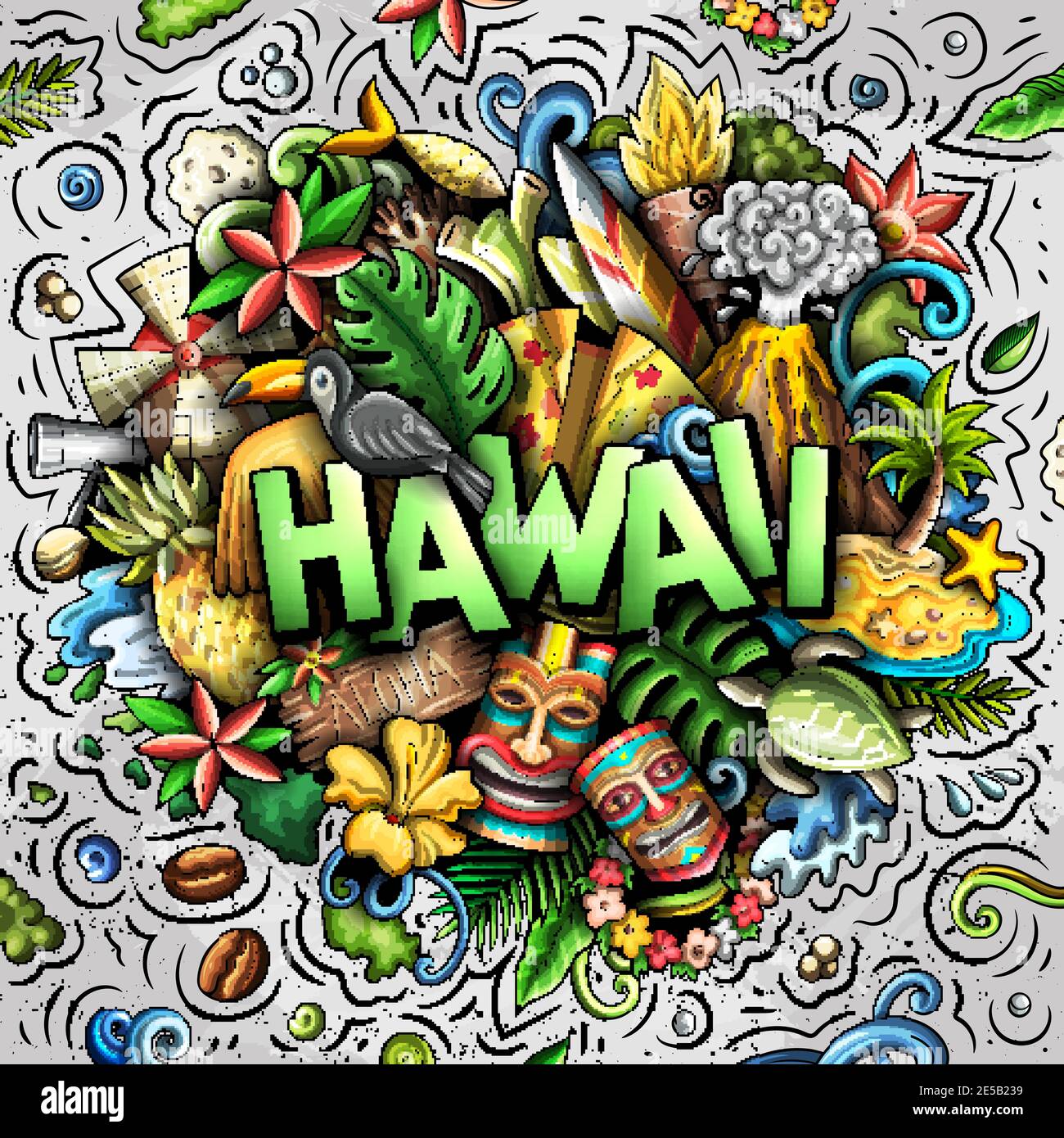 Hawaii hand drawn cartoon doodle illustration. Funny Hawaiian design