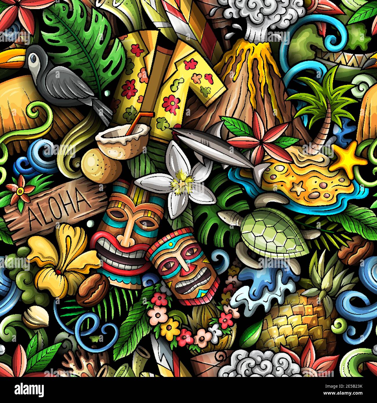 Cartoon doodles Hawaii seamless pattern. Stock Vector