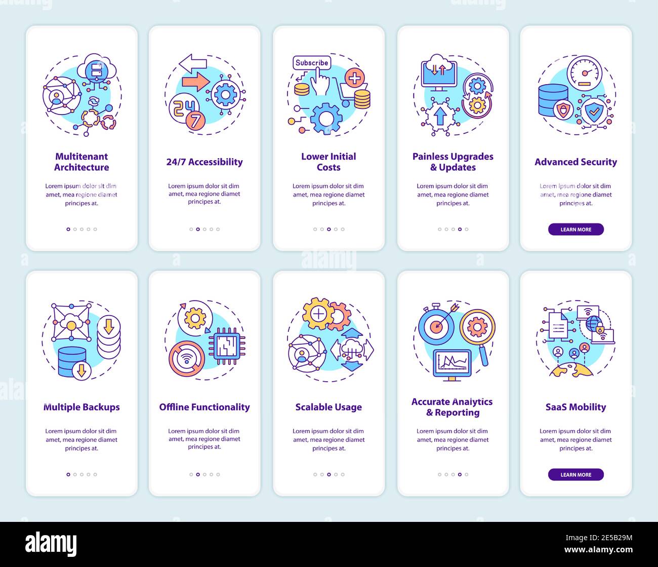 Software as service strong points onboarding mobile app page screen with concepts set Stock Vector
