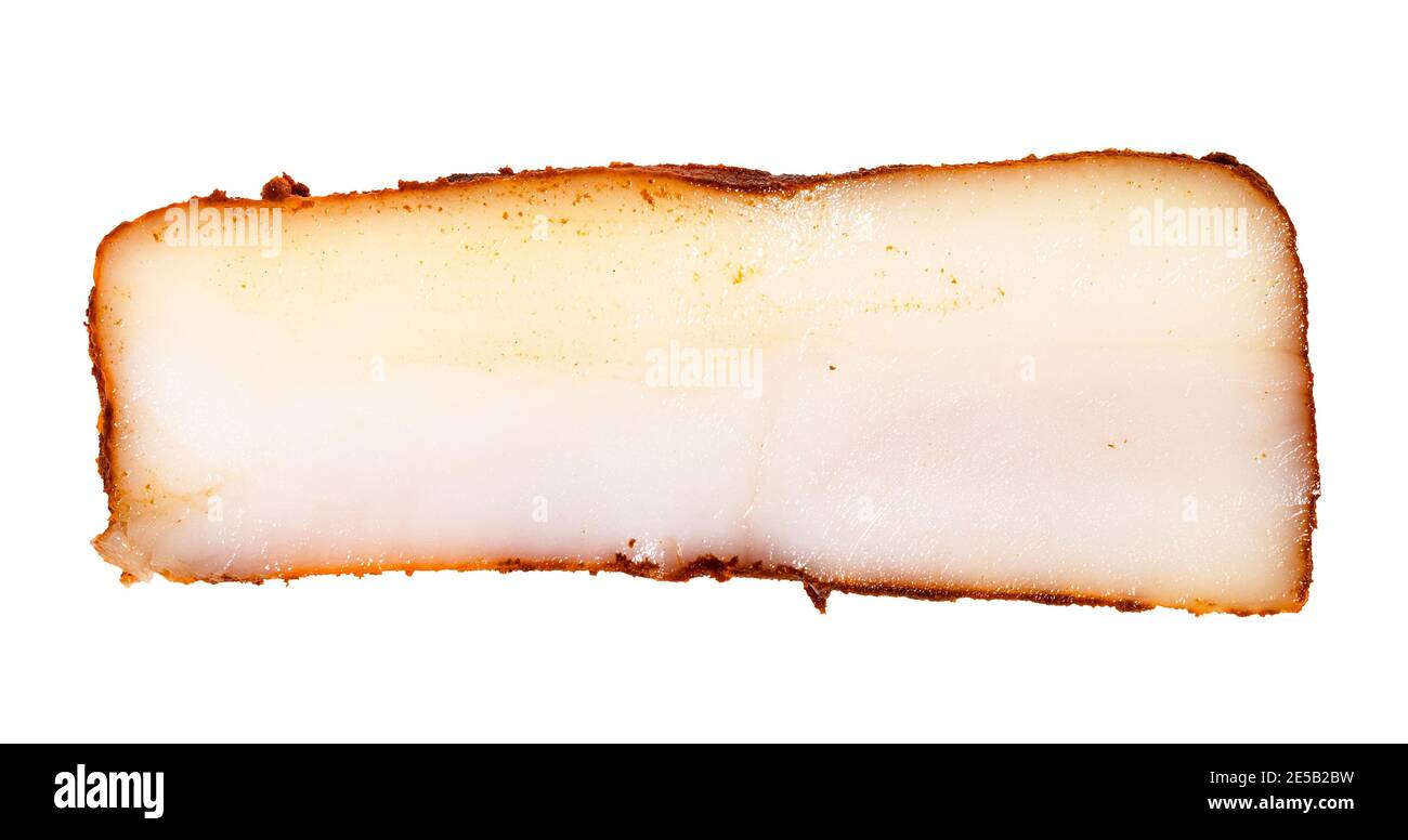 slice of bacon (pork fatback) salted with paprika isolated on white