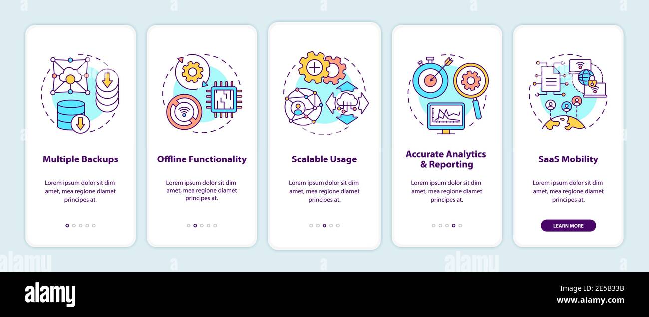 SaaS pros onboarding mobile app page screen with concepts Stock Vector