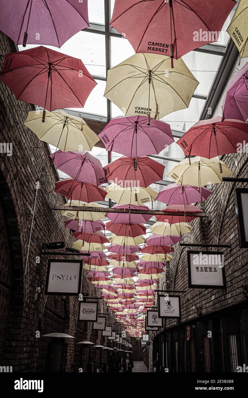 Several umbrellas at the Camden Market in London Stock Photo