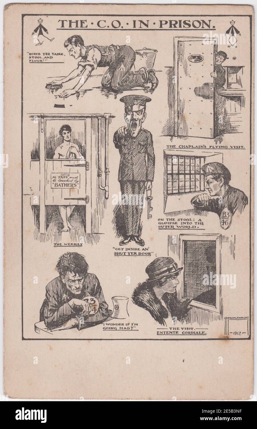 The Conscientious Objector in prison: First World War cartoon portraying the life of the CO behind bars, 1917 Stock Photo