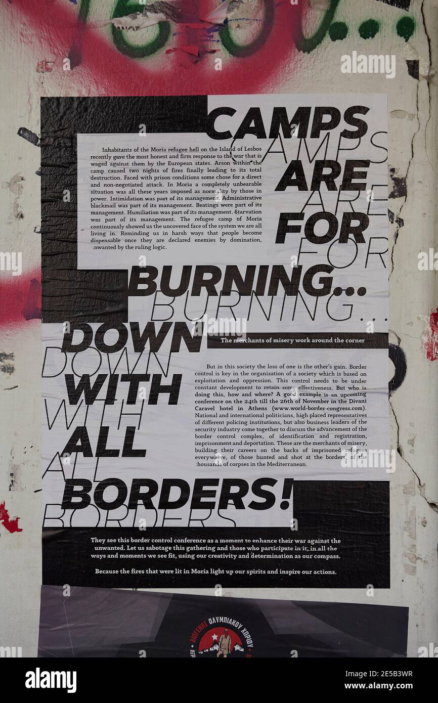 Anarchy poster at Exarchia Athens  protesting against borders and refugee camps Stock Photo