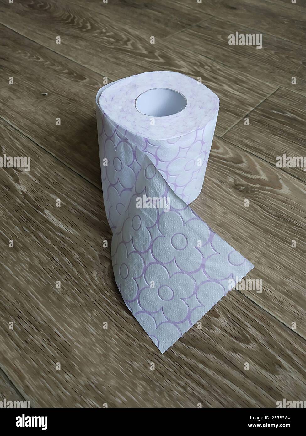 The Roll of the toilet paper rests upon wooden parquet.The Individual facilities for hygiene. Type overhand Stock Photo