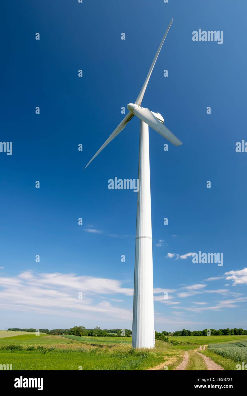 Wind turbines that produce electricity, built on a field in