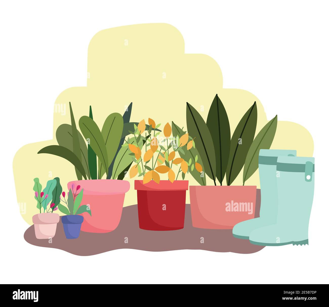 Gardening potted plants flowers and rubber boots vector illustration ...