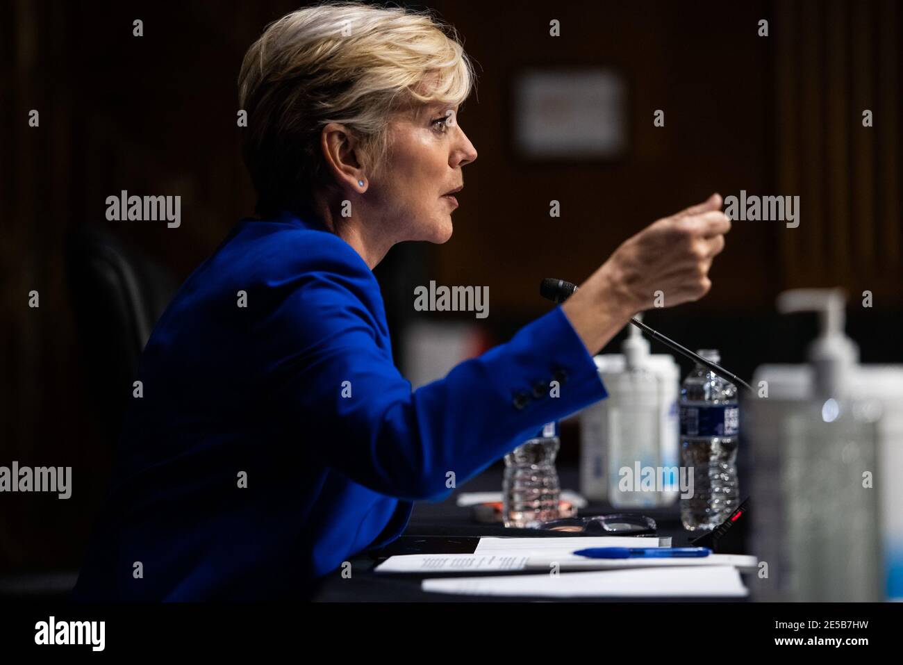 Washington, United States. 27th Jan, 2021. Former Michigan Governor Jennifer Granholm testifies before the Senate Energy and Natural Resources Committee during a hearing to examine her nomination to be Secretary of Energy, on Capitol Hill in Washington, DC, on January 27, 2021. Photo by Graeme Jennings/UPI Credit: UPI/Alamy Live News Stock Photo