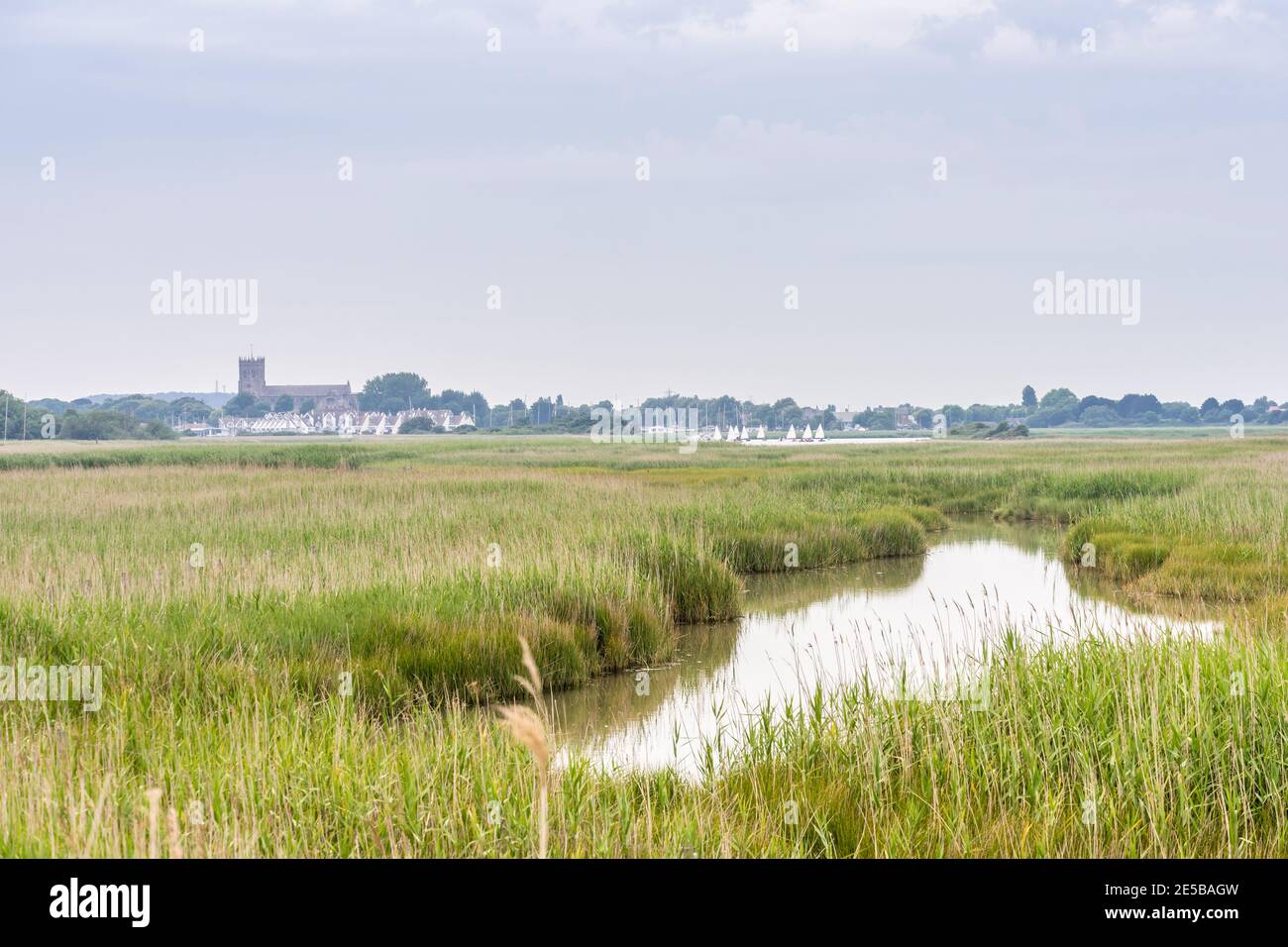 Hengistbury nature reserve view towards Christchurch Harbour with Christchurch in the background, Dorset, England, UK Stock Photo