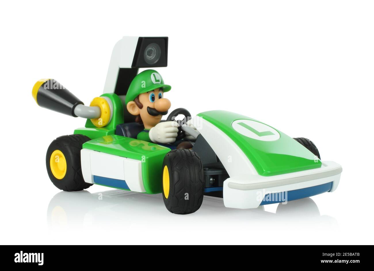 December 28, 2020: Toy kart from Mariokart Live Home Circuit video game,  Luigi set, on white backgorund. Mariokart Live Home Circuit is video game  dev Stock Photo - Alamy