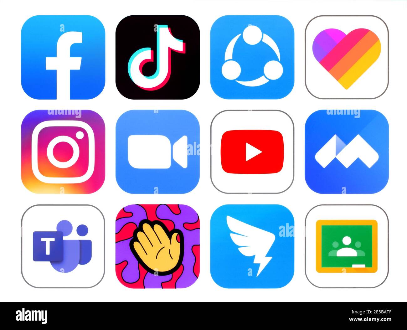 Kiev, Ukraine - September 14, 2020: Set of popular social media Apps icons, such as: Facebook, Likee, Instagram, Zoom, Tiktok, Youtube, DingTalk, Shar Stock Photo