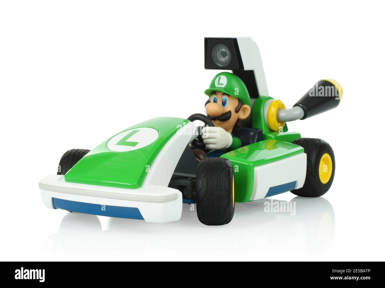 December 28, 2020: Toy kart from Mariokart Live Home Circuit video game, Luigi set, on white backgorund. Mariokart Live Home Circuit is video game dev Stock Photo