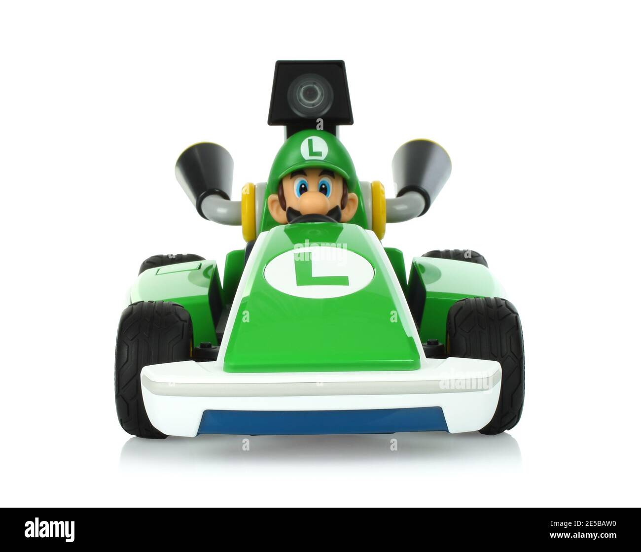 December 28, 2020: Toy kart from Mariokart Live Home Circuit video game, Luigi set, on white backgorund. Mariokart Live Home Circuit is video game dev Stock Photo
