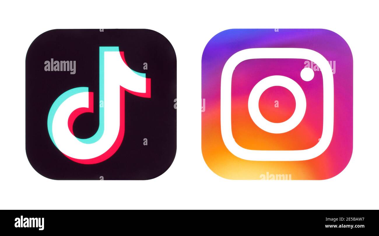 Kiev, Ukraine - September 14, 2020: TikTok and Instagram icons on white