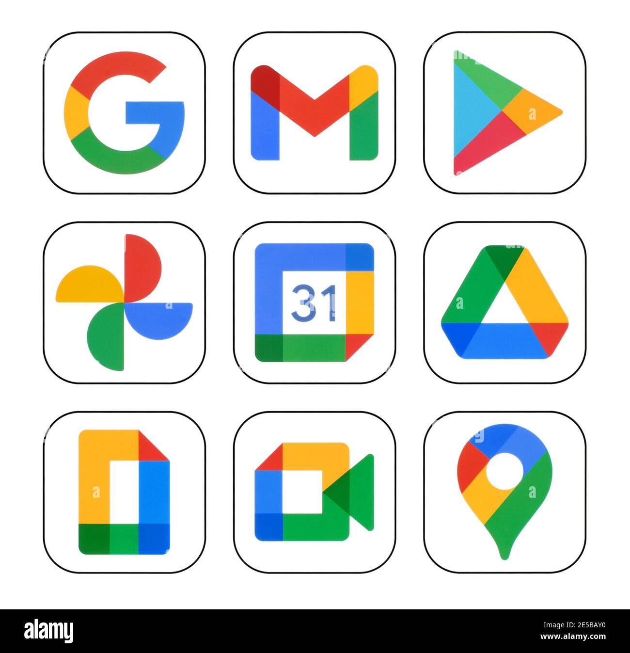 Kiev, Ukraine - January 12, 2021: Icons set of Google services: Google Search, Gmail, Play Store, Photos, Calendar, Drive, and Duo, printed on white p Stock Photo