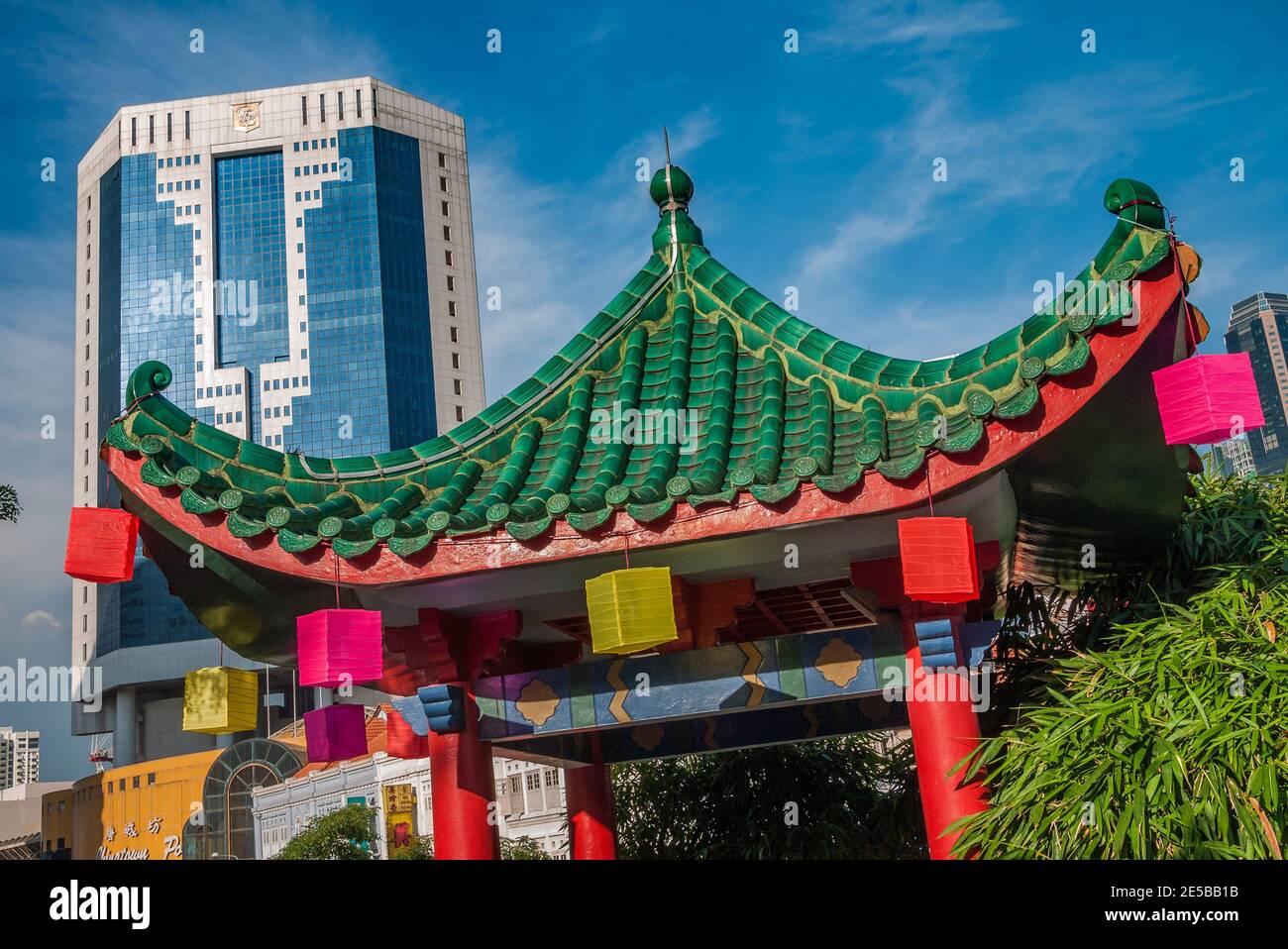 Singapore is a sovereign island city-state in Southeast Asia, off the Malay Peninsula, founded in 1819 by Sir Stamford Raffles as a trading post. Stock Photo
