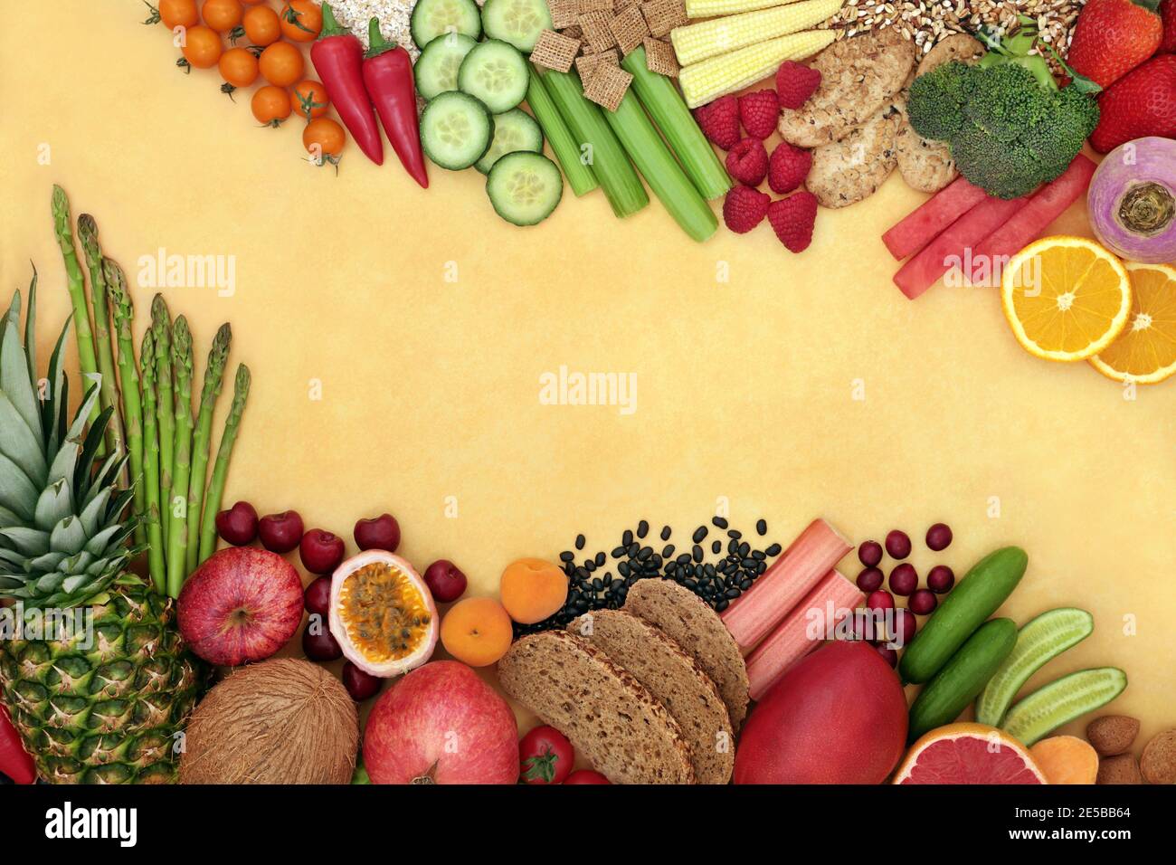 Vegan health food high in dietary fibre with fruit, vegetables, nuts