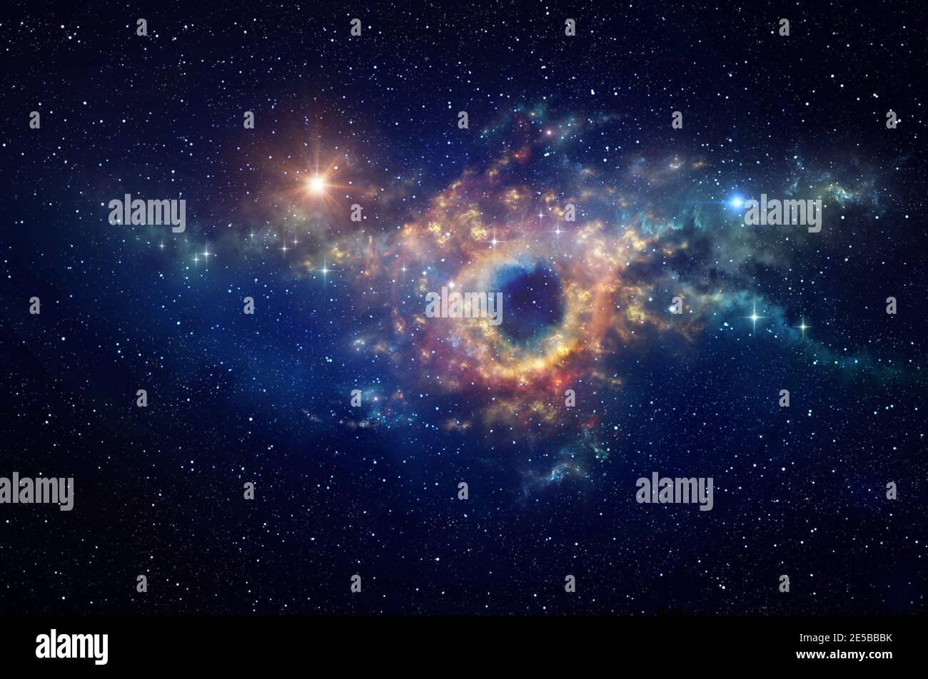 Black hole and cosmic waves into deep space. Nebula at the center of a galaxy clusters in universe. Stars constellations background. Stock Photo