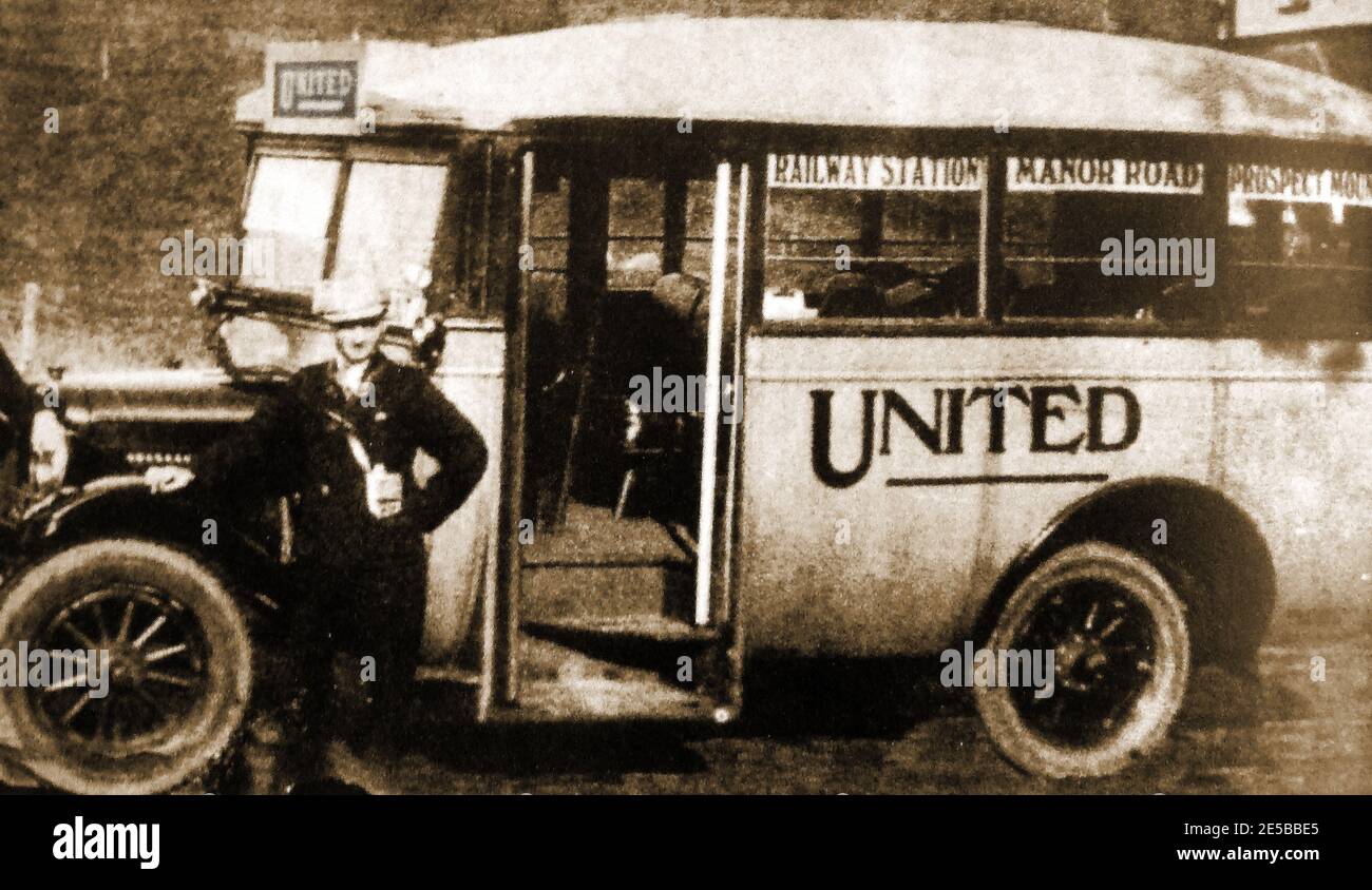 An old early snapshot photograph of a Scarborough (Yorkshire, UK) United Automobile Services (aka simply United) bus conductor standing next to a town service bus serving the Railway Station , Manor Road and Prospect Mount Route. United Automobile Services was a bus operator operating company  founded in Lowestoft in 1912.  It later served North Yorkshire, North East England and parts of Cumbria. providing bus services  in an area, stretching from Berwick-upon-Tweed and the  Scottish borders  to Filey and district. Stock Photo