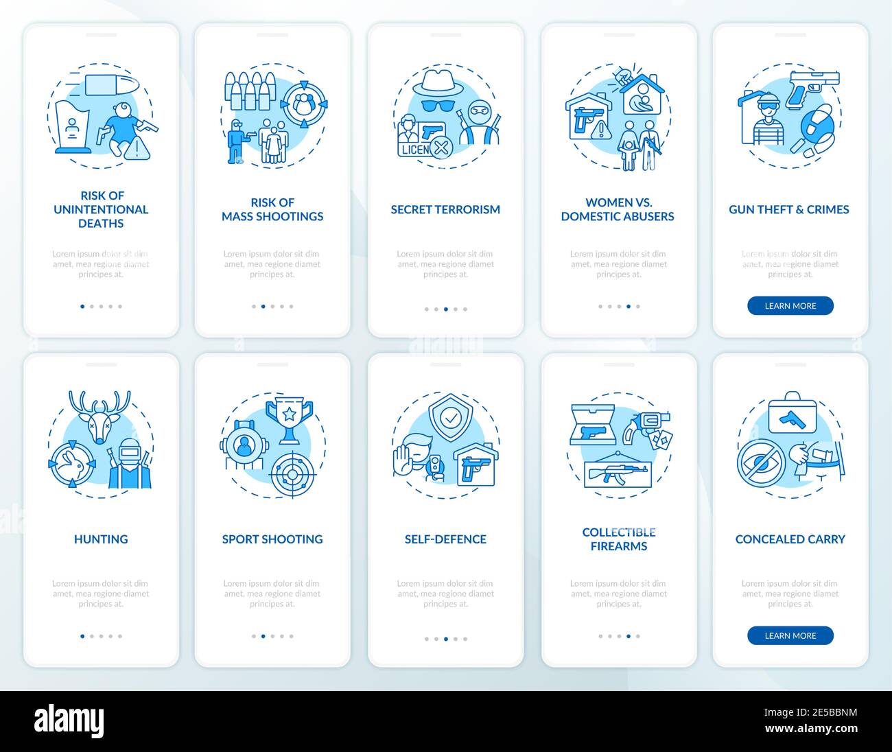 Gun control blue onboarding mobile app page screen with concepts Stock Vector