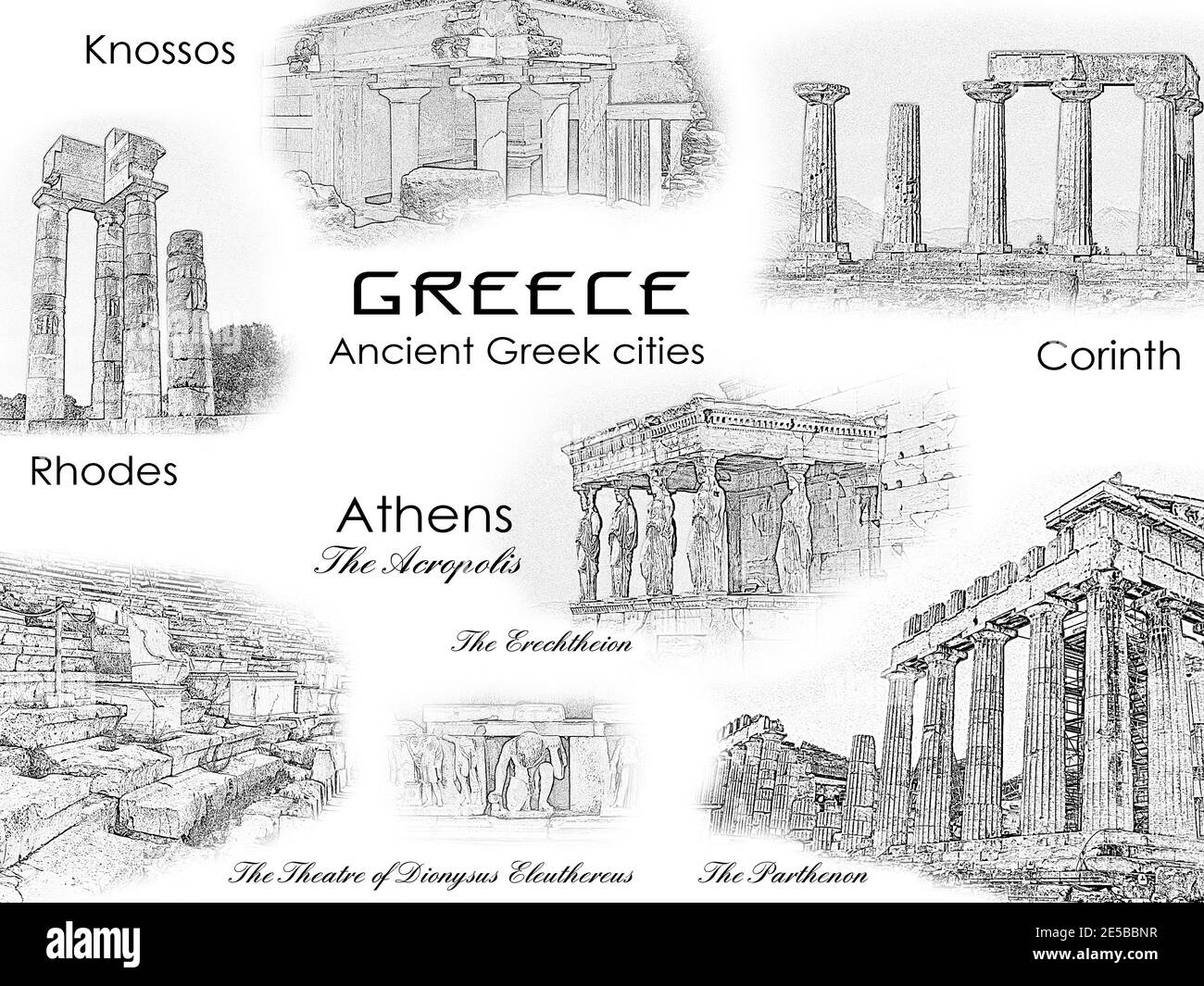 Ancient sights of Greek cities Athens, Corinth, Knossos, Rhodes. Touristic antique landmarks: the Athenian Acropolis, the Parthenon, the Erechtheion Stock Photo