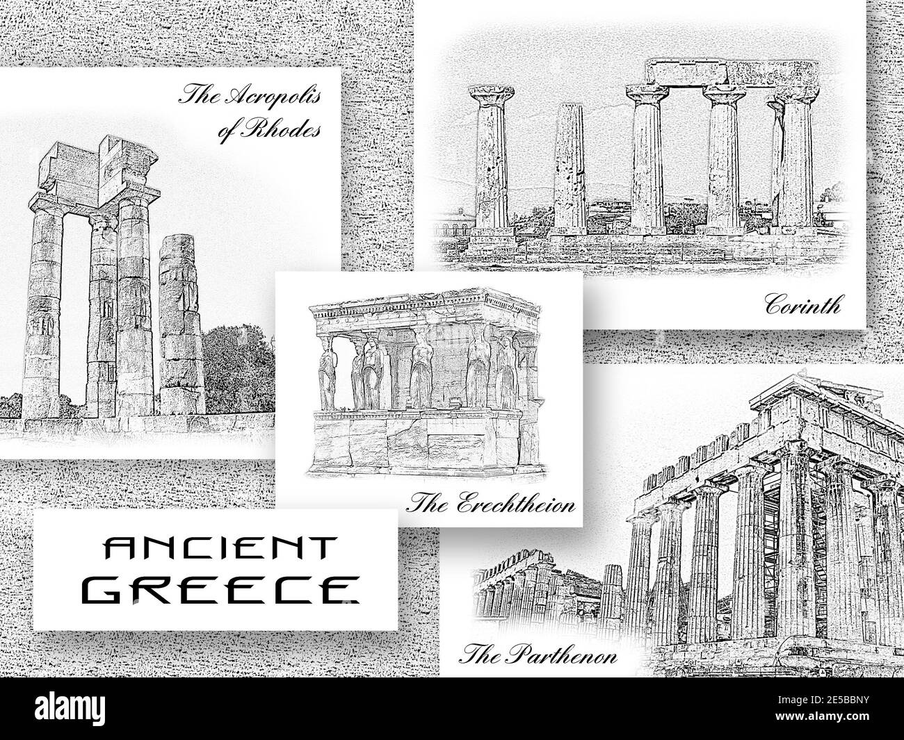 Antique landmarks of Greece. The Parthenon and the Erechtheion in Athens, the Acropolis of Rhodes, Temple of Apollo in Corinth. World famous sights Stock Photo