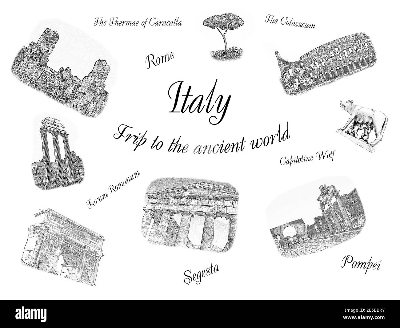 Italy. Trip to the ancient world. Black and white travel concept. Famous Italian antique landmarks, attractions. Art postcard design, touristic poster Stock Photo