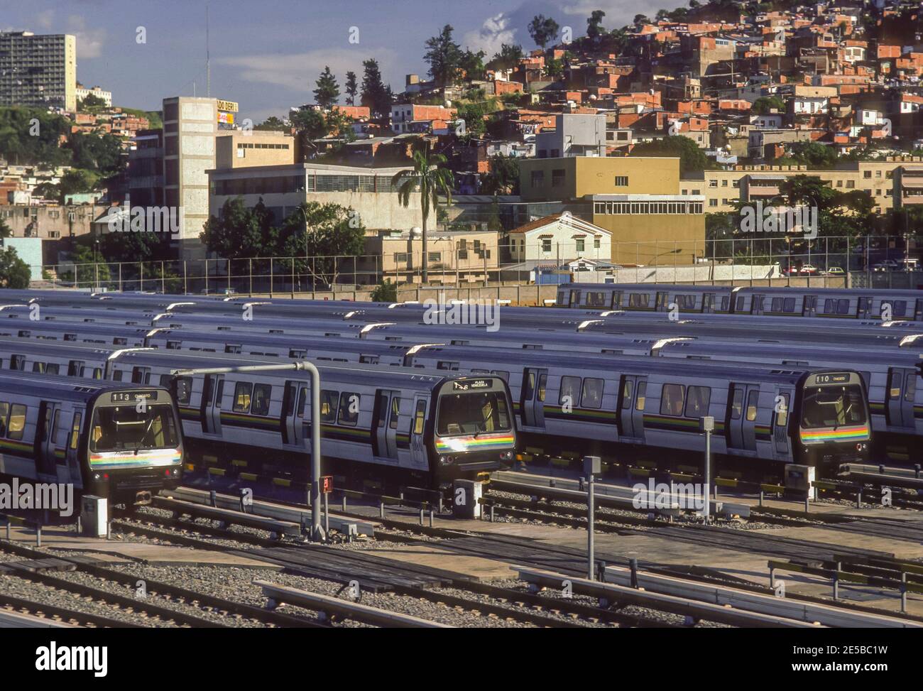 CARACAS, VENEZUELA, 1988 - Metro train cars parked in train yard. Stock Photo