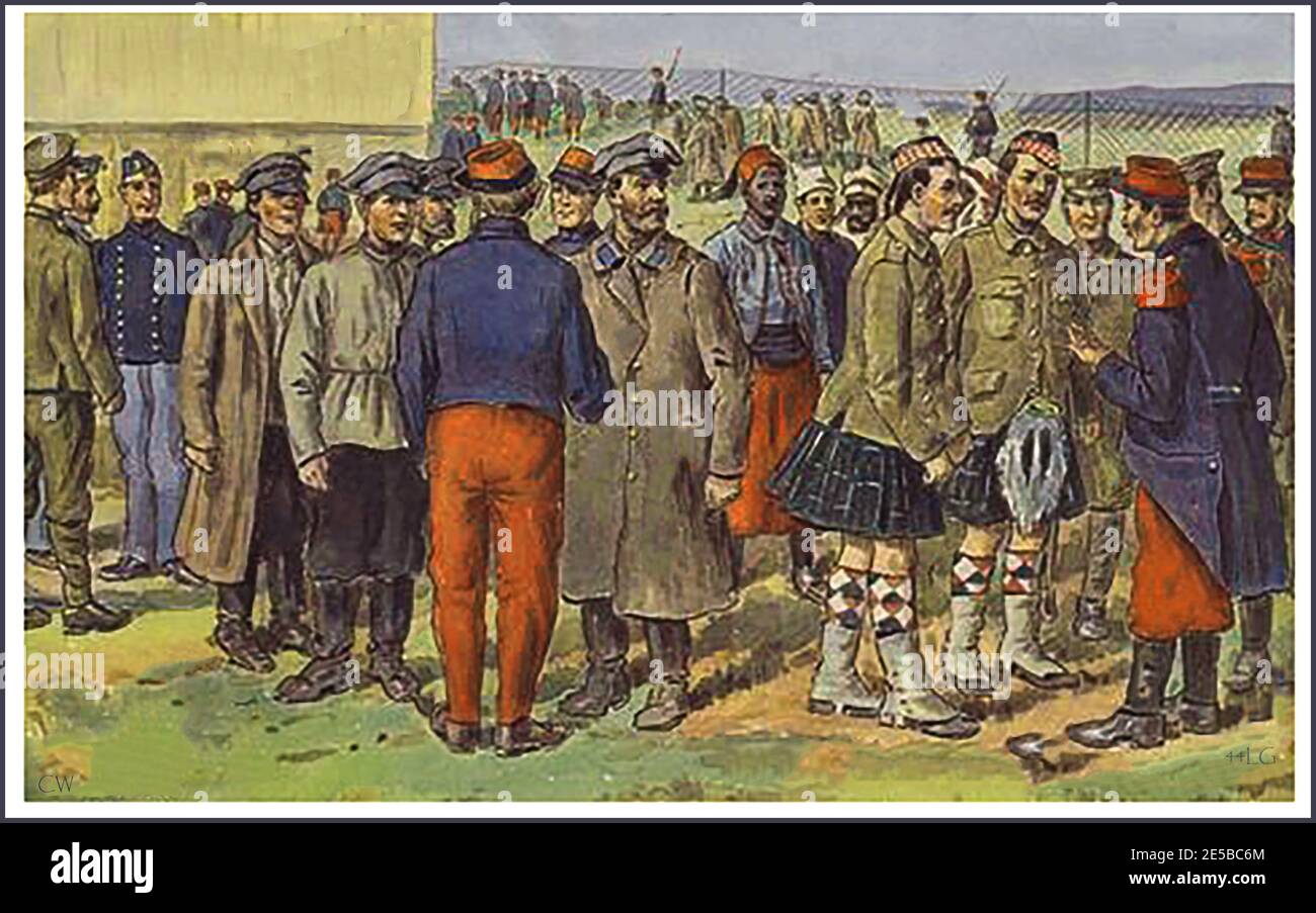 Scottish and foreign nationals at a  German Prisoner of War (POW) camp pictured in a 1915 postcard. Stock Photo