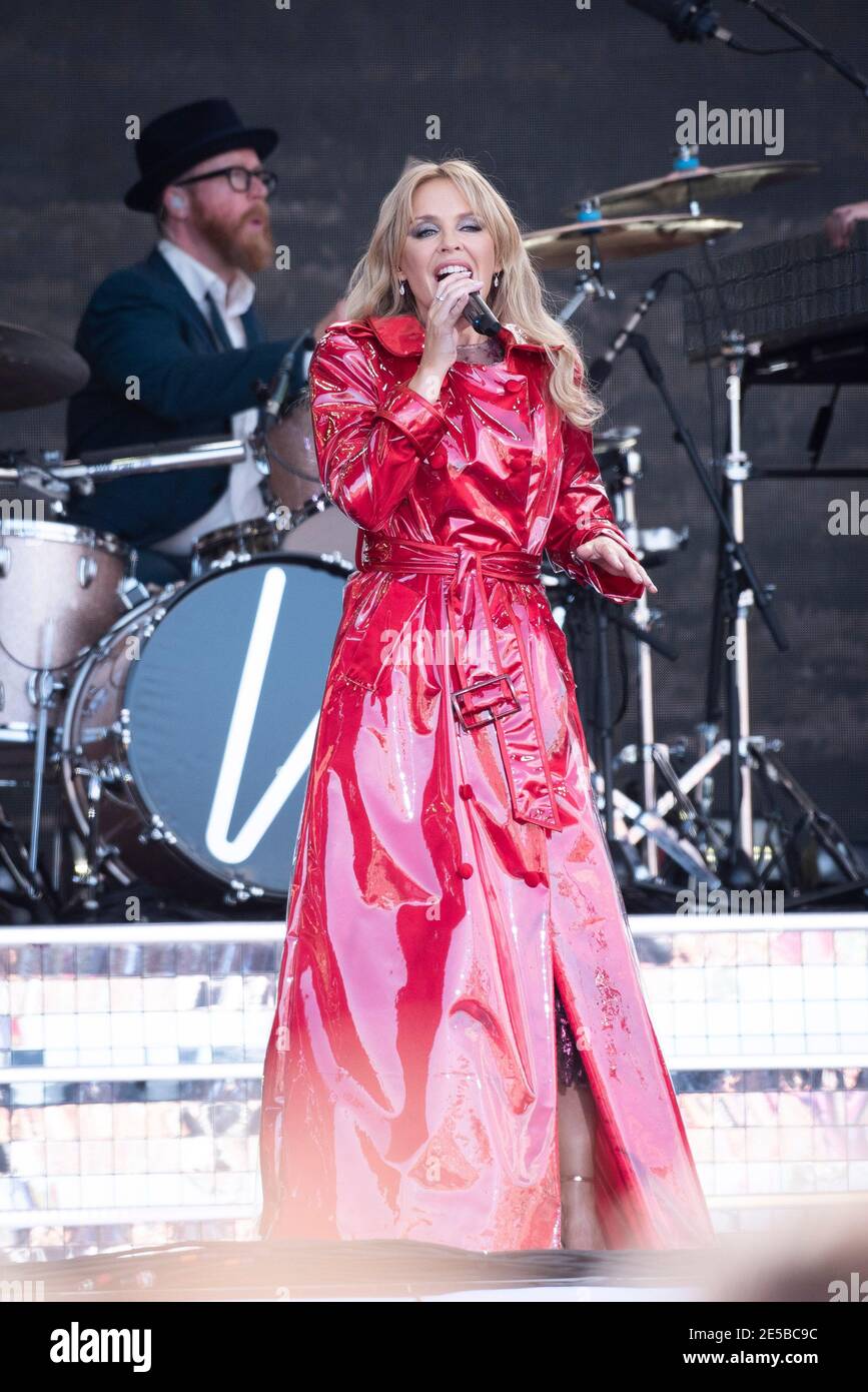 Kylie Minogue performs live on the Pyramid Stage at Worthy Farm, Pilton, Somerset. Stock Photo