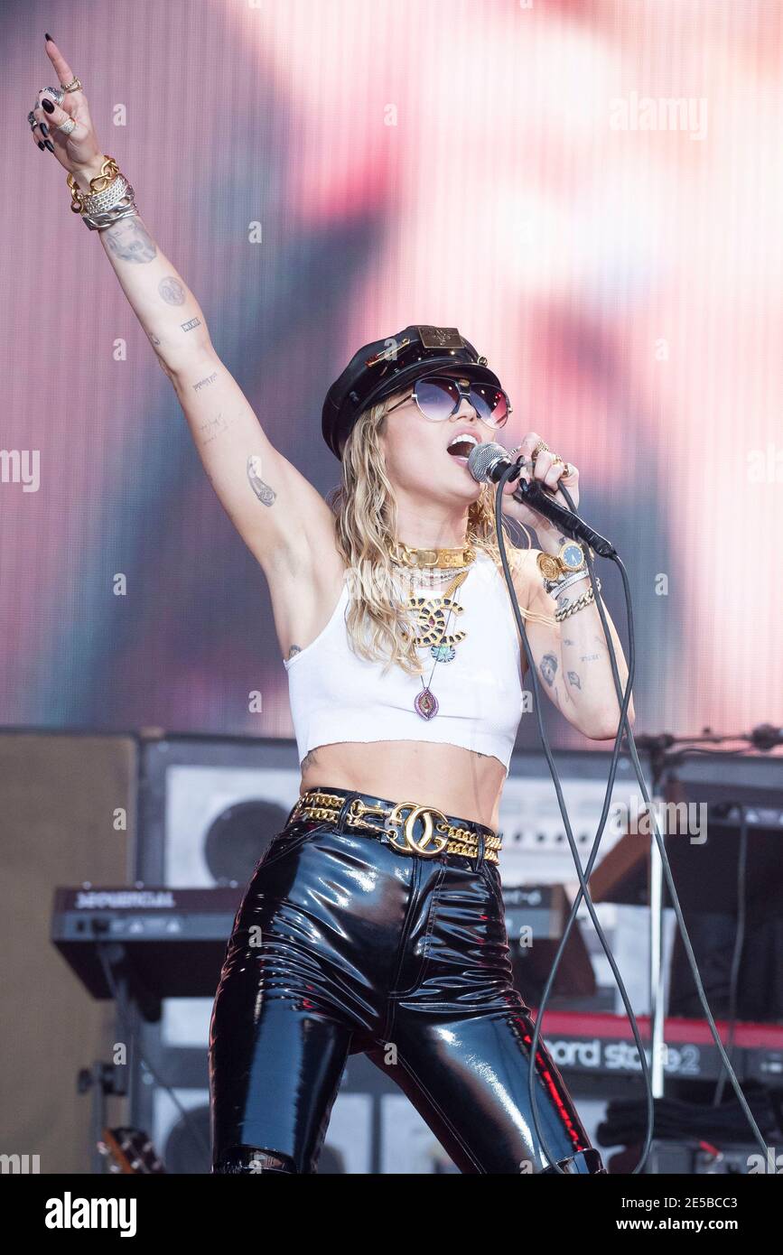 Miley Cyrus performs live on the Pyramid Stage at Worthy Farm, Pilton, Somerset. Stock Photo