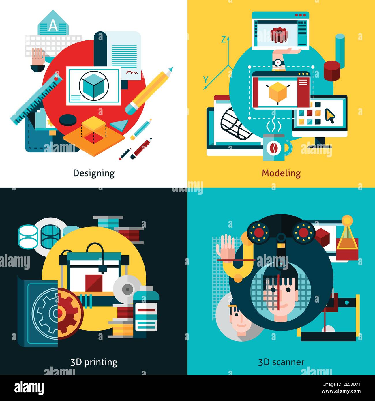 3d technology 2x2 flat concept set of designing modeling 3d printing and 3d scanning vector illustration Stock Vector