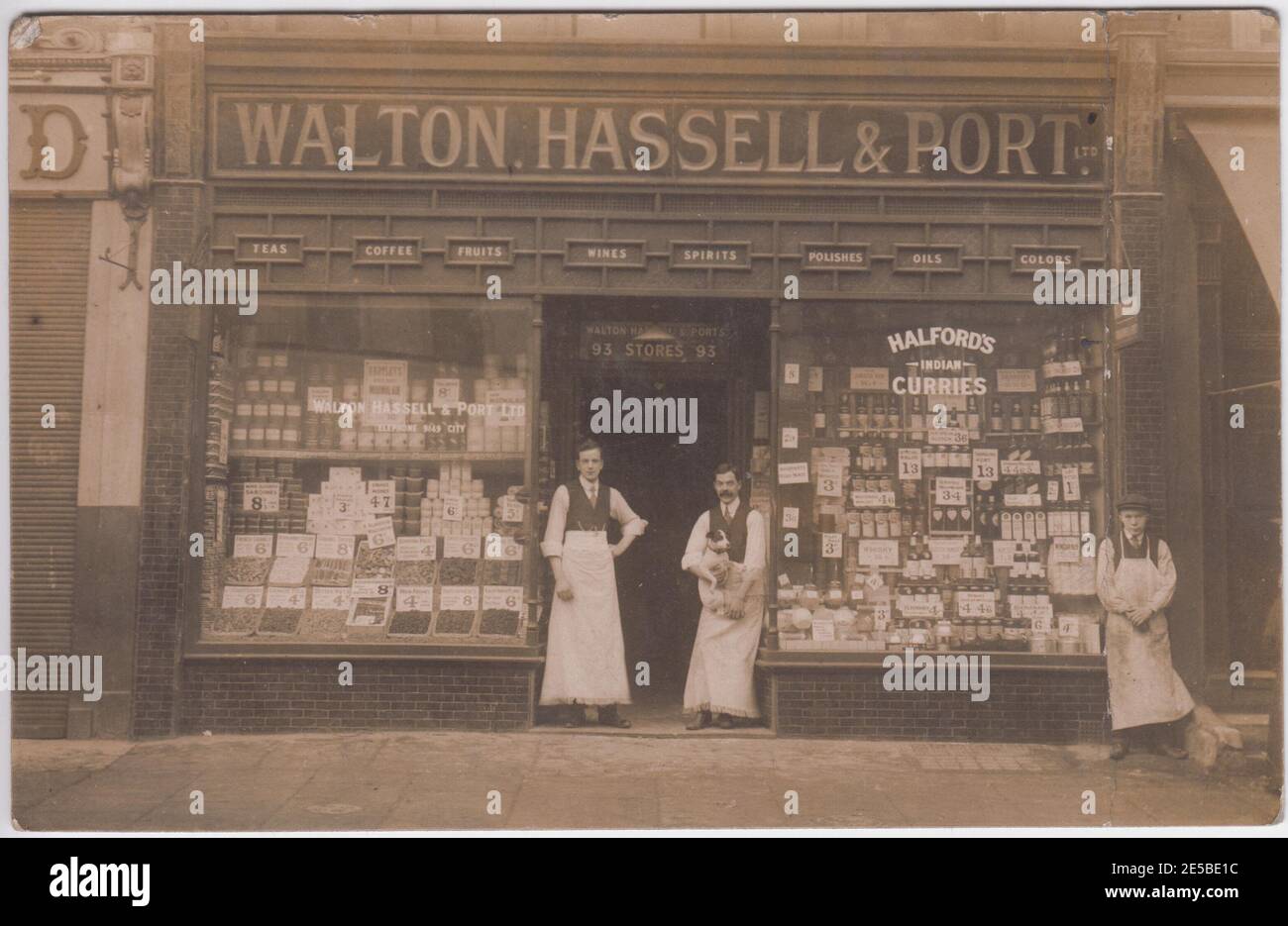 Shop of the London grocer Walton, Hassell and Port Ltd. Three of the employees are standing outside the grocers, one holding a dog. Tins and jars are on display in the windows and Halford Indian curries are among the products advertised Stock Photo