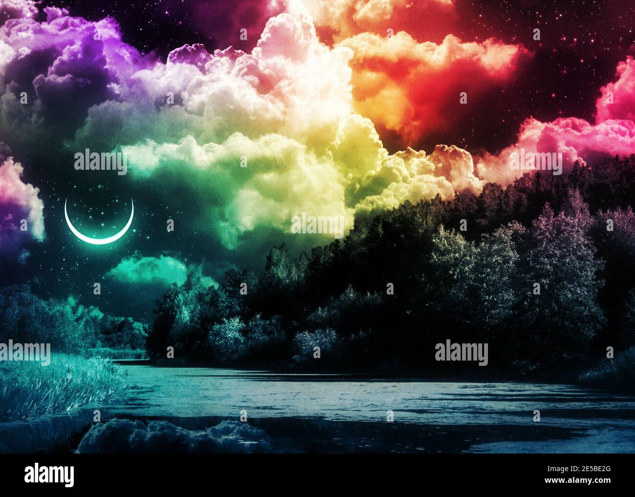 Dark landscape with rainbow clouds and river, abstract background Stock  Photo - Alamy