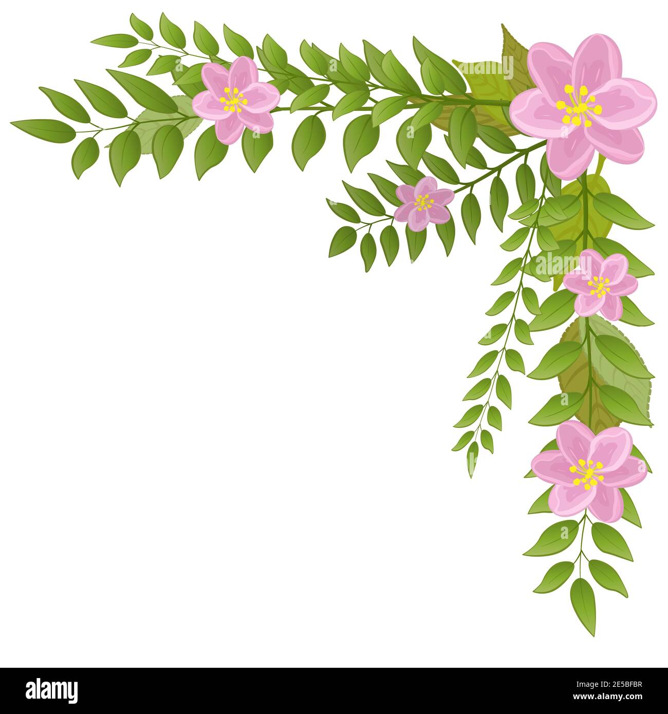 Corner floral frame. A wreath of pink flowers and green leaves. Flower