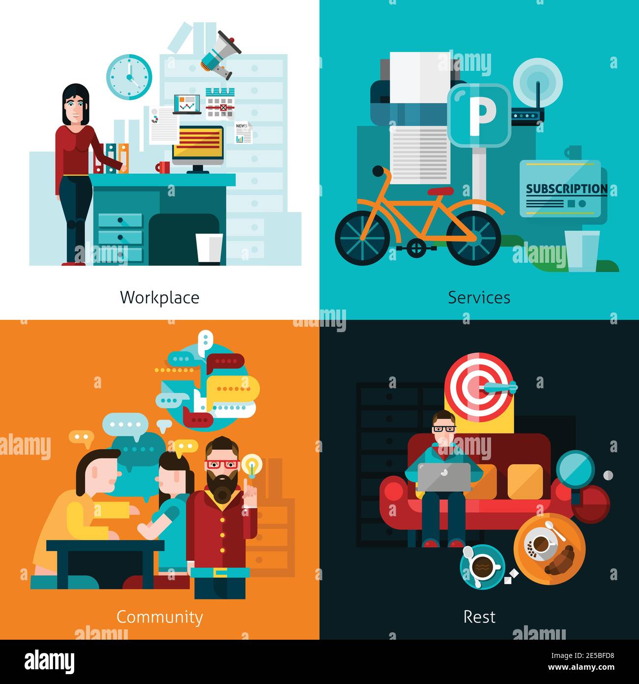 Coworking concept icons set with workplace and rest symbols flat ...