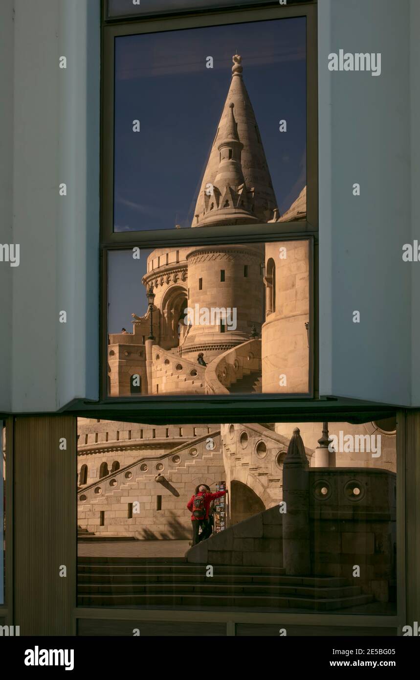 Reflection in window of Fisherman's Bastion, Castle District, Buda, Budapest, Hungary Stock Photo