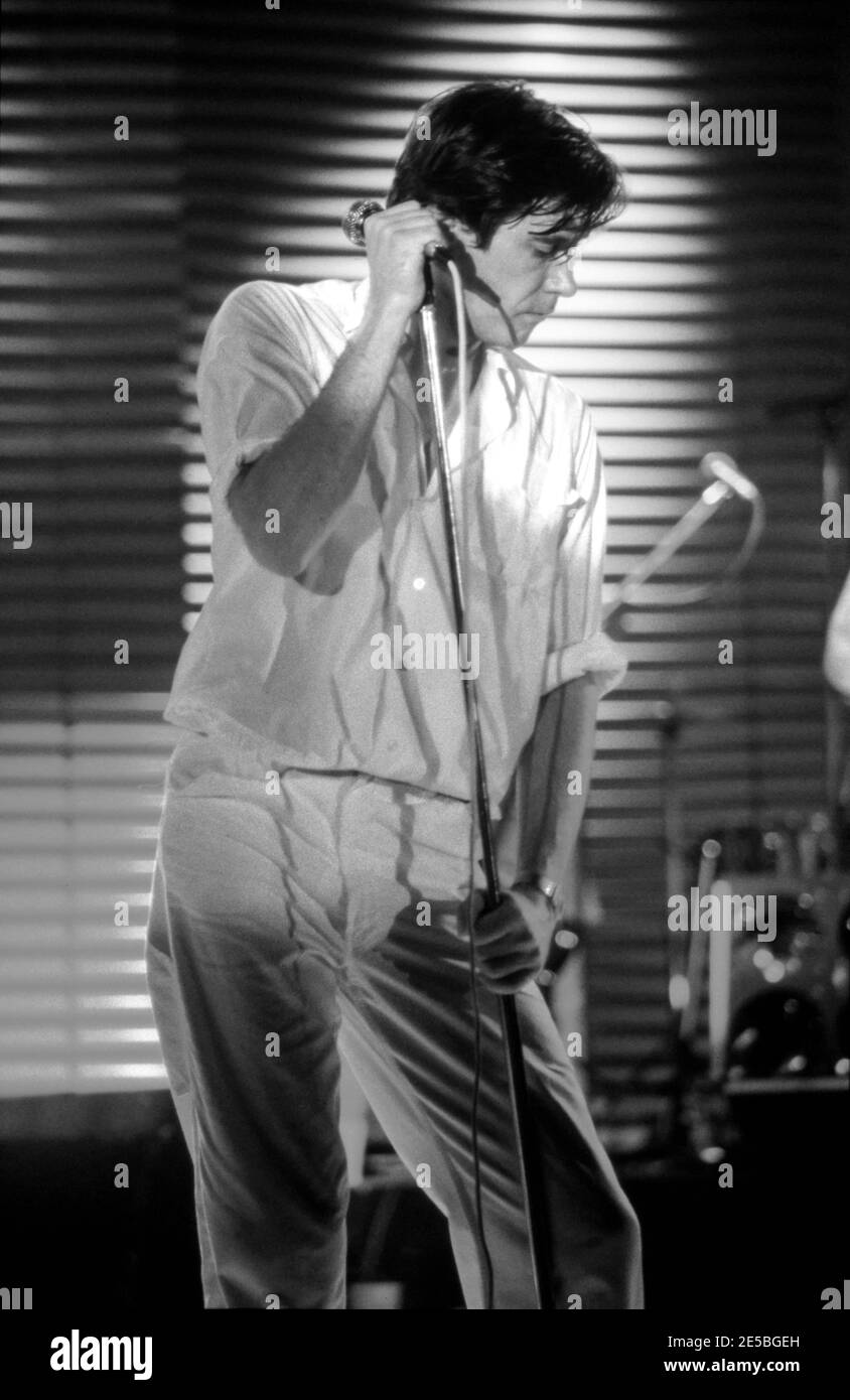 MUNSTER, GERMANY - JUN 18, 1980: Bryan Ferry on stage during a concert of Roxy Music in Germany. Stock Photo