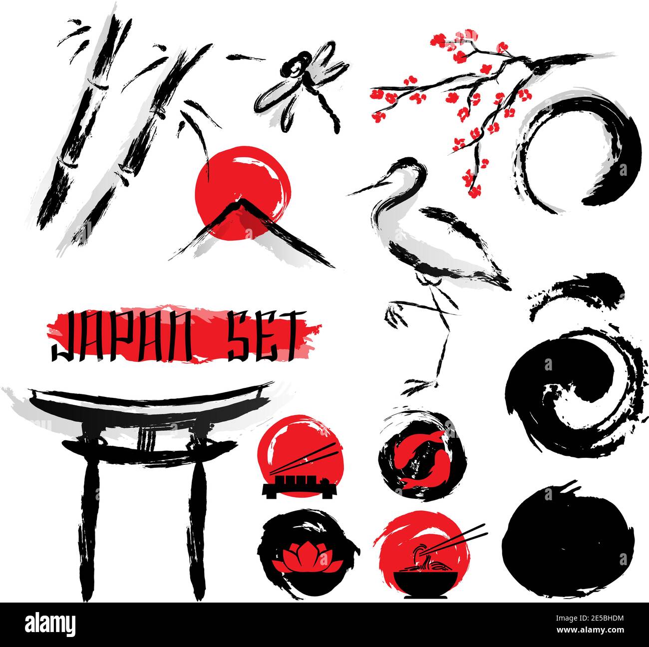 Japanese sumie ink wash black with red accent brush painting pictograms composition ancient abstract art vector illustration Stock Vector