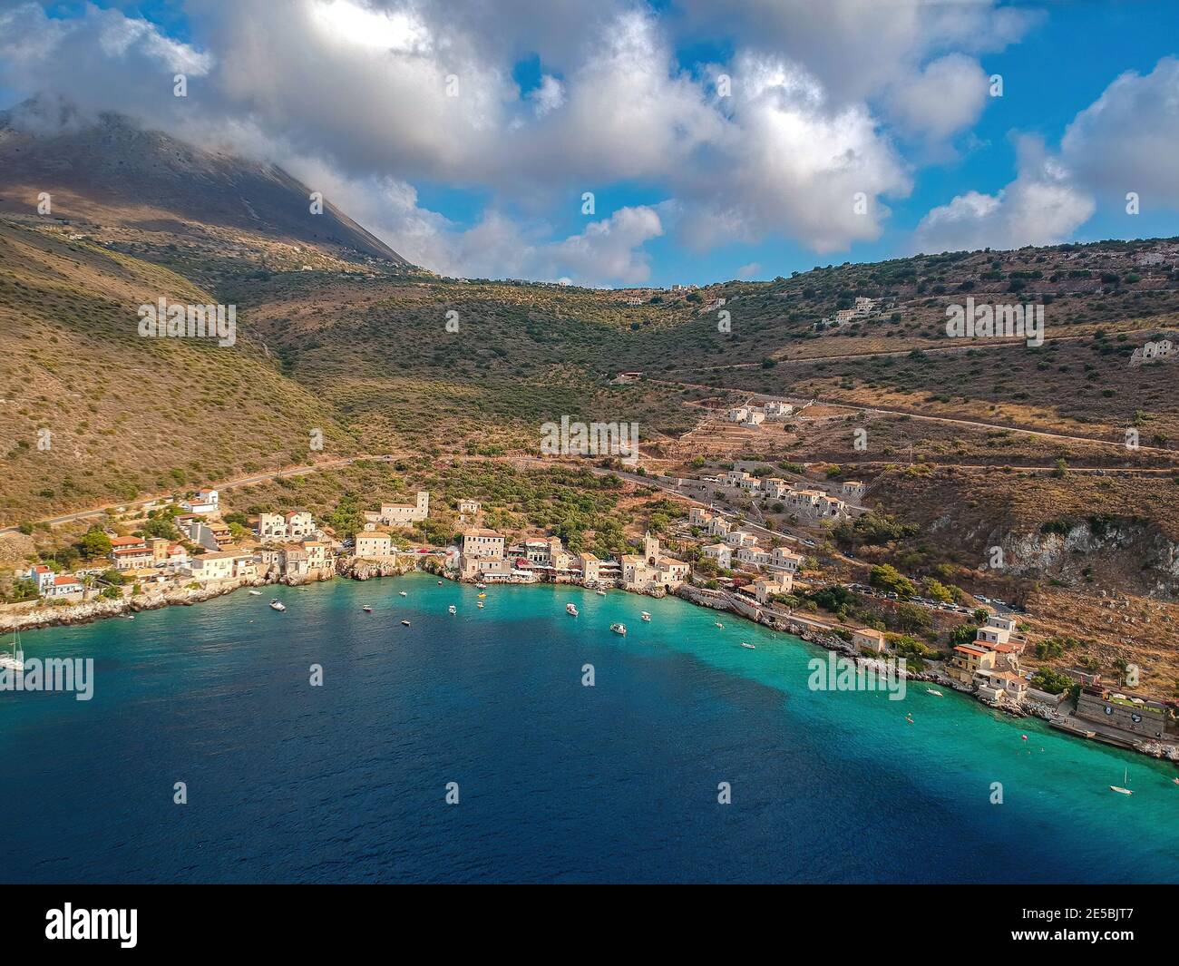 Iconic aerial view over the picturesque famous Limeni village in Mani
