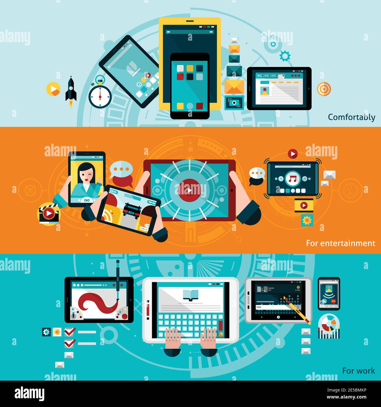 Phablet horizontal banners set with comfort entertainment and work ...
