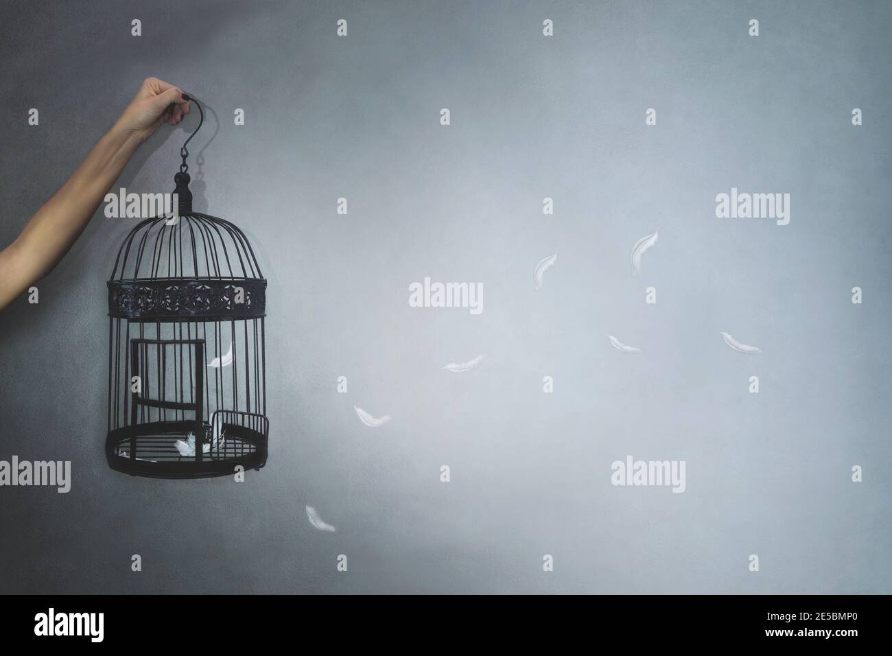 person gives freedom to a bird locked in a cage, feathers flying, concept of freedom Stock Photo