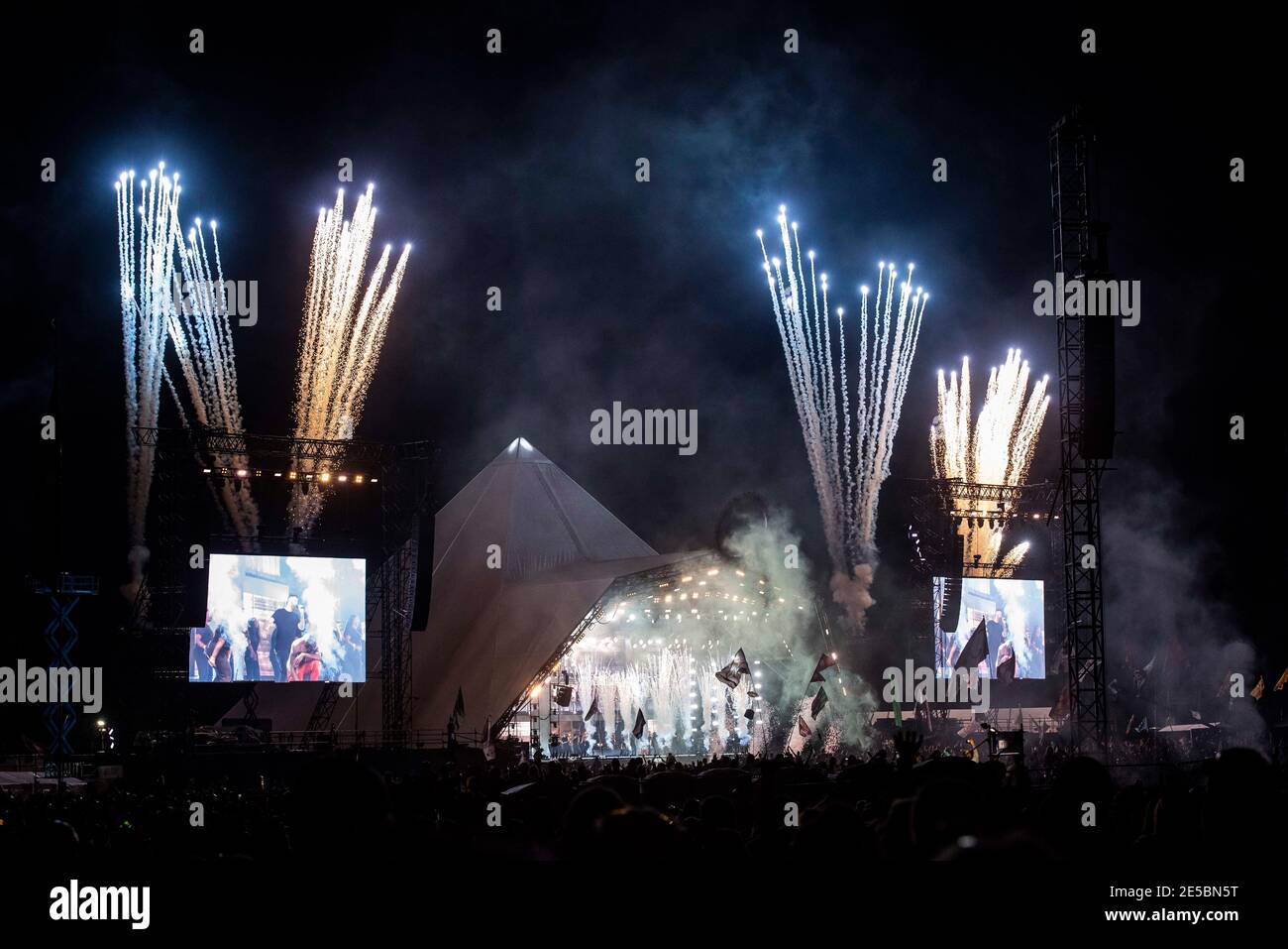 Fireworks launched above the Pyramid stage during Stormzy's set at Glastonbury 2019 Stock Photo